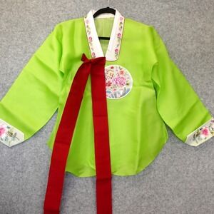 Korean Traditional Hanbok Jeogori Jacket Womens M Lime Green Organza Embroidered